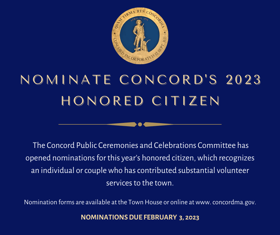 Nominate Concord's 2023 Honored Citizen - blue background with the gold Concord seal