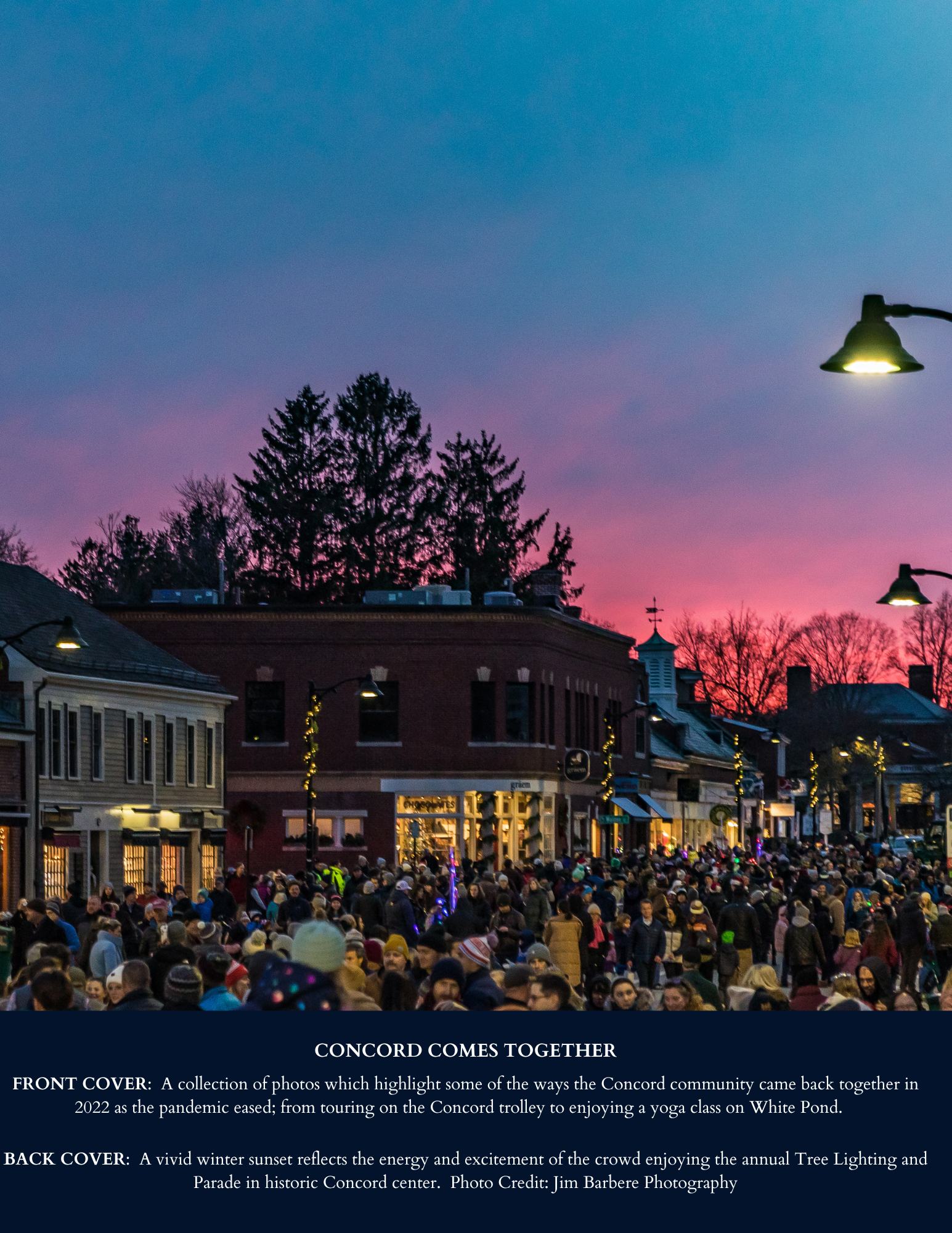 Tree Lighting crowd scene in Concord Center with vivid sunset - Photo by Jim Barbere