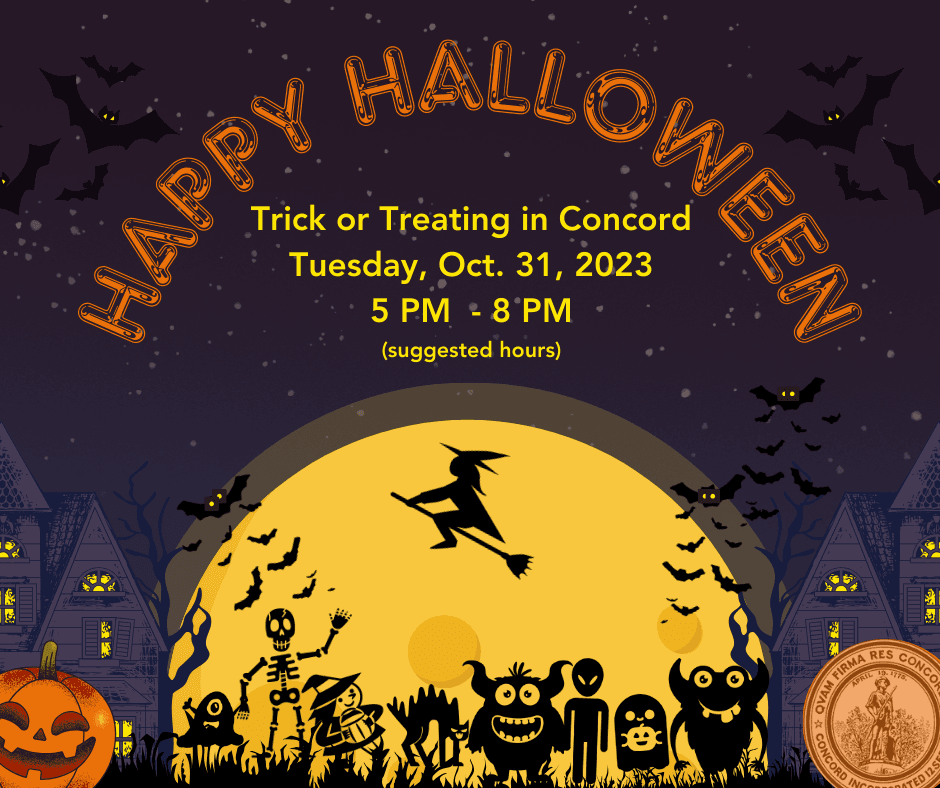 Trick or Treat in Concord 5-8 PM Oct. 31, Full moon, jack-o-lanterns, ghouls and goblins