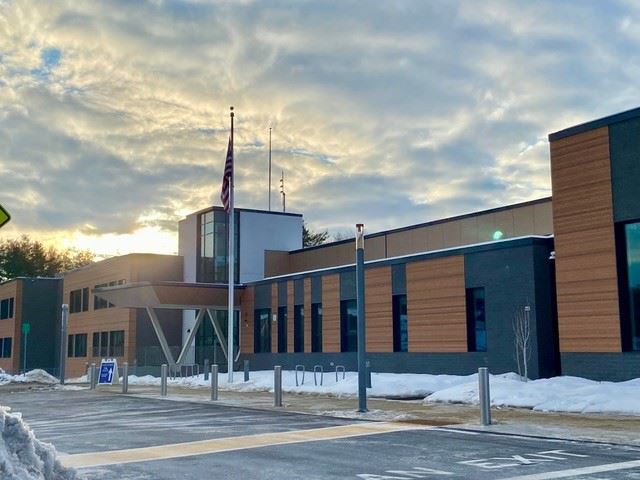 Brand new school with sunset in the background