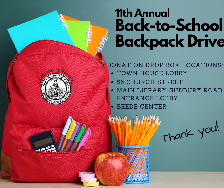 Red Backpack with school supplies including pencils, notebooks, pens promoting a backpack donation
