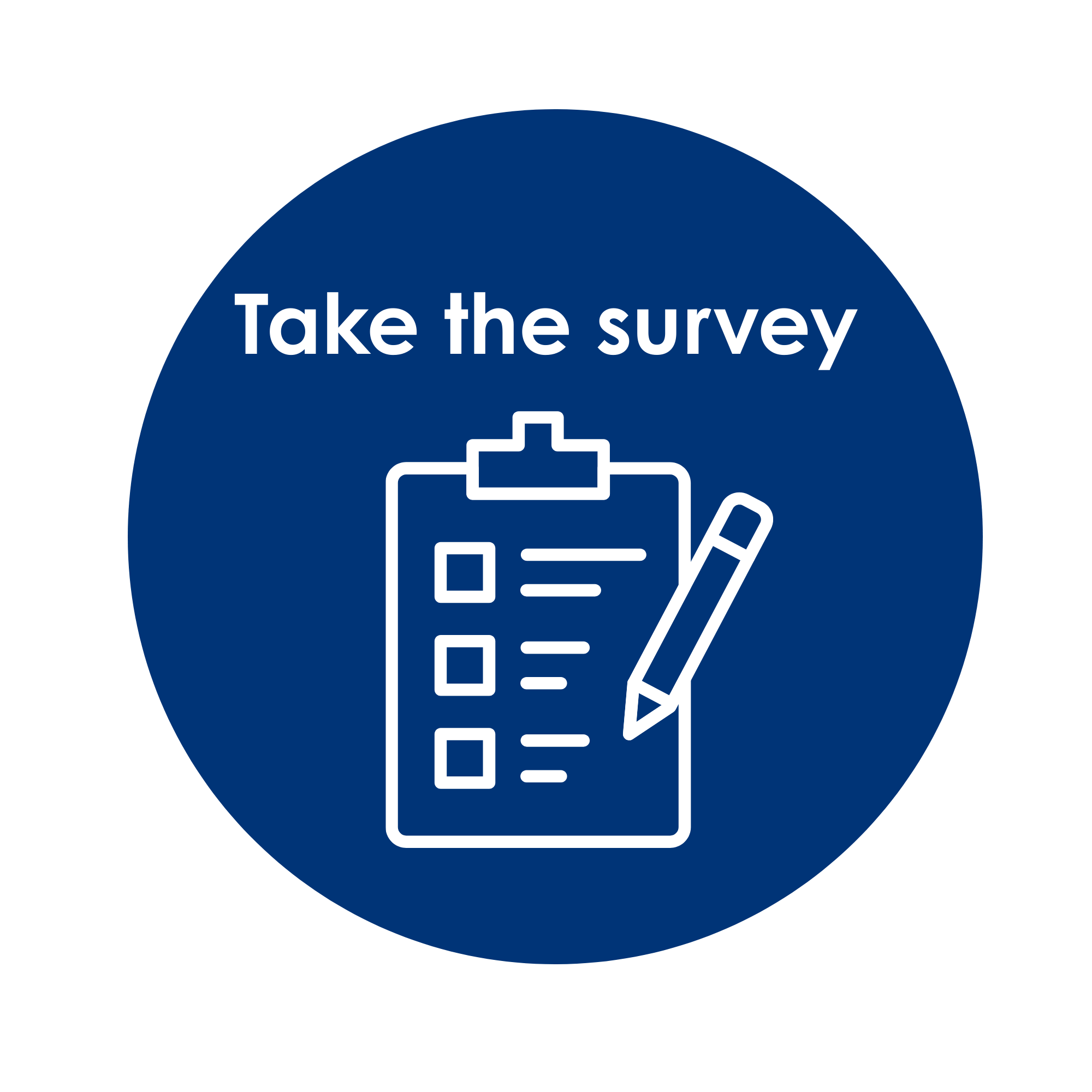 White survey icon on a blue background - Take the ADA Survey by clicking button