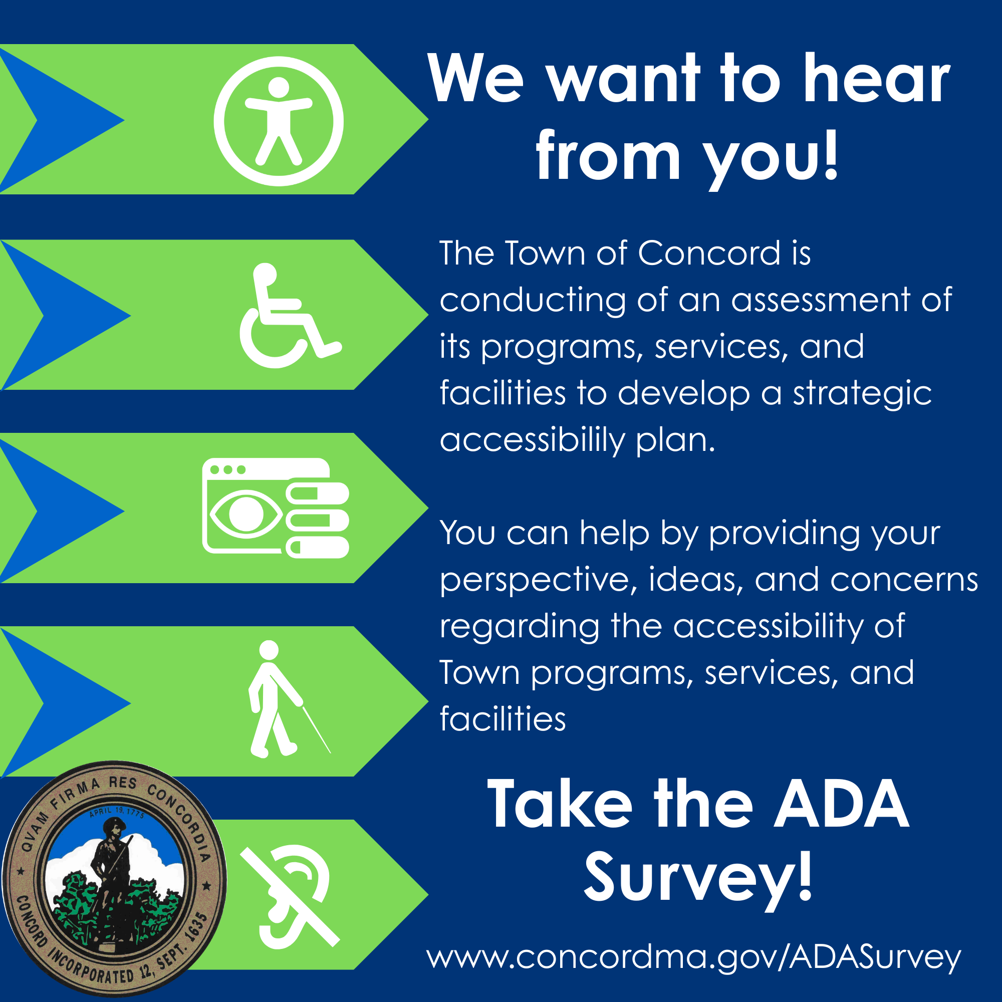 Blue & Green background with call to take the ADA Survey
